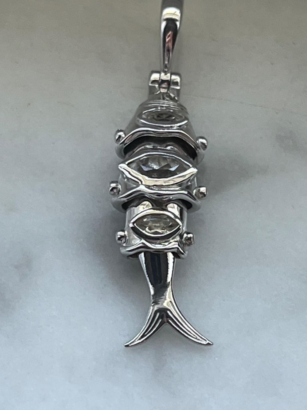 Awe Inspired Sterling Silver Segmented White Topaz Lucky Fish Pendant Charm - Picture 2 of 12